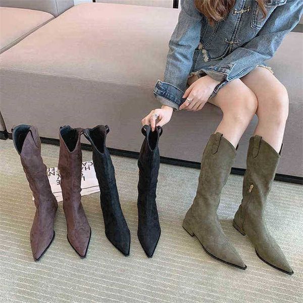 Bout pointu femmes mi-mollet bottes nouveautés côté fermeture éclair plat talons bas noir marron vert mode fête hiver 220815