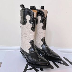 Pointed Women Sexy Mid-Calf 908 Toe Balck en White Mixed Color Embroidery Ladies Knight Fashion Cowboy Short Boots 230807 534