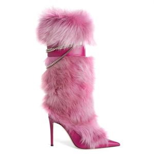 Botas puntiagudas hasta la rodilla con cadena fucsia, botas de piel sexis de lujo para mujer, botines finos de cuero con hebilla de tacón alto, zapatos de mujer rosas a la moda
