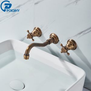 Poiqihy Antique Brass Bathtub Mixer Taps 3 PCS Basin robinet Double poignées robinet de bassin mural de robinet chaud et froid