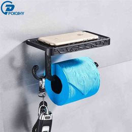 Poiqihy badkamer hardware set zwart papier mobiele telefoon houder zinklegering antieke rol met plank muur mount toilet 210720