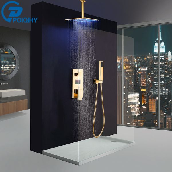 Poiqihy pantalla digital grifo de ducha dorada LED LED Ducha de ducha Temperatura montada Muestra de ducha ocultas Toque