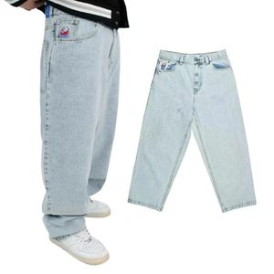 Jeans polaire Big Boy Y2k Carton Hip Hop Broidered Retro Blue Baggy Pant