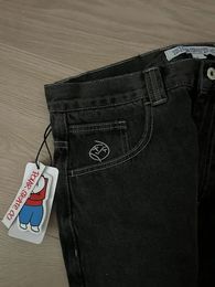Jeans polaire grand garçon y2k japonais harajuku hip hop caricature de dessin animé rétro jeans baggy pantalon noir
