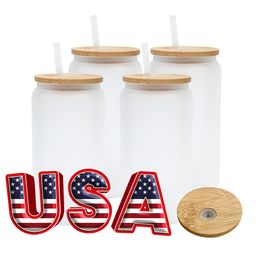 USA/CA Magazijn 16oz Sublimatie Glazen Bierpullen met Bamboe Deksels en Stro Tumblers DIY Blanks Blikjes Warmteoverdracht Cocktail Ijskoffie Kopjes Whiskey Mason Jars 5116