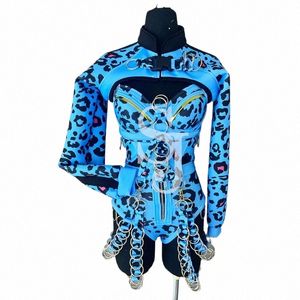 Costume de danse pôle femmes bleu léopard chaîne body Rave tenue Dj Ds scène Performance porter Sexy Gogo danse vêtements V5H9 #