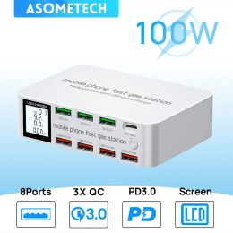 Polijsters 100W USB -laadstation met 3 QC3.0 Quick Charge USB -poort 20W PD USB Type C Port LCD Display Fast Charger voor iPhone Xiaomi