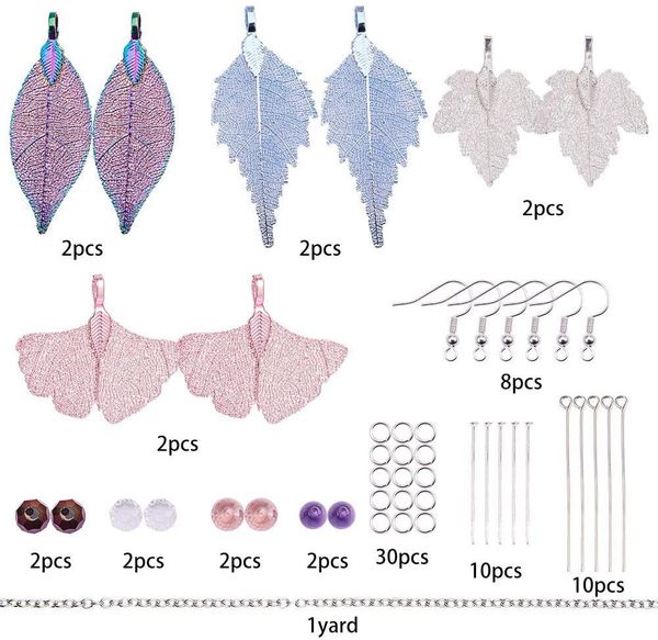 Polonais 1 boîte DIY 4 paires de feuilles véritables naturelles, kit de démarrage comprenant des pendentifs en filigrane à longue goutte, des perles de verre, une chaîne de câble, des crochets de boucles d'oreilles