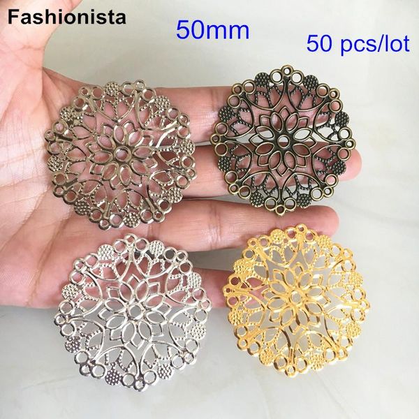 Polonais livraison gratuite 50 pièces gros rond filigrane fleur connecteurs de charme 50mm métal estampage artisanat bijoux à bricoler soi-même résultats 4 couleurs