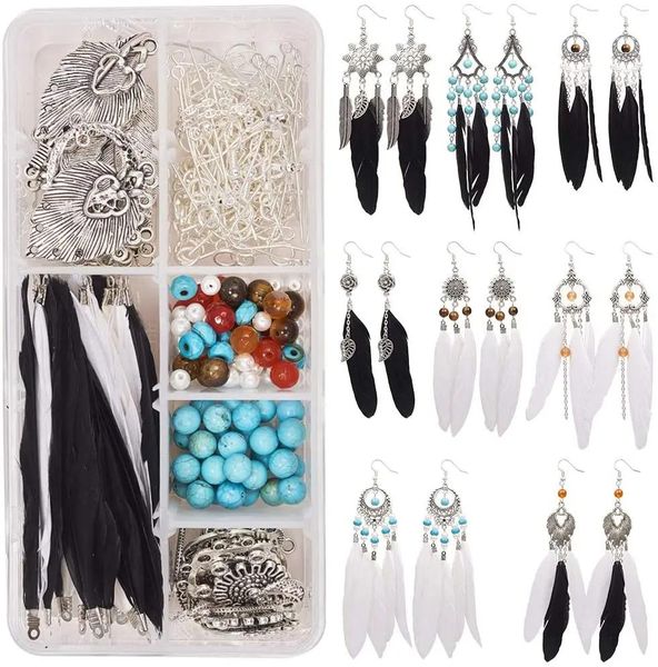 Kit de fabrication de boucles d'oreilles, 8 paires, style bohémien, noir et blanc, longues plumes, crochet suspendu, avec instructions, résultats de bijoux, artisanat