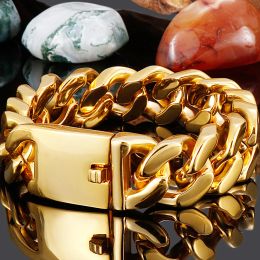 Bracelet de poignet en or jaune poli 14 carats pour hommes, accessoires de main en fer de 20MM de large, de luxe, ne se décolore jamais, bijoux dorés pour garçons