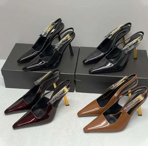 Gepolijste lederen sandalen stiletto hakken dames luxe designer square puntige teen slip-on avondfeest mode schoenen