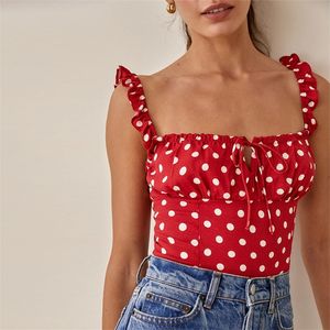 Polka Dot Casual Summer Tops For Women Square Neck Tie Mouwloze franje Riem Crop Top Back Smocked passende sexy Cami Top 220519