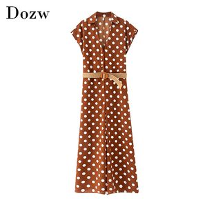 Polka Dot Long Jumpsuit Femmes Chauve-Souris À Manches Courtes Lâche Jump Suit Avec Ceinture Bouton Décorer Casual Combinaisons Dames 210414