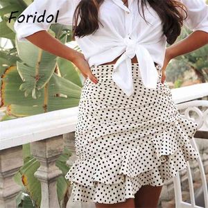 Polka dot ruches mini rok vrouwen witte ruche vintage bodycon chic hoge taille vakantie faldas 210427