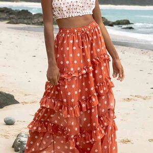 Polka Dot Ruffle Maxi Longue Jupe Bas Femmes Été Taille Haute Orange Rétro Chic A-Line Jupes Plage Faldas Mujer 210415