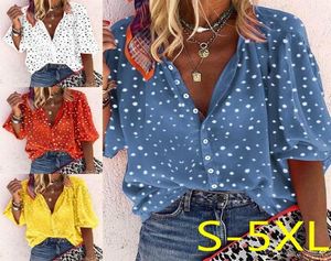 Camisa de lunares Mujer Solapa Tallas grandes Mujer039s Blusa Señoras Rojo Blanco Camisas azules Ropa de moda Tops con botones Puntada abierta XXX2215790