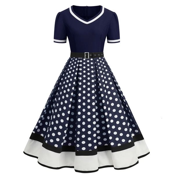 Robe d'été à pois pour femmes, Style Hepburn, col en v, manches courtes, Pinup, Vintage, Rockabilly, Robe de soirée, de bureau, 240327