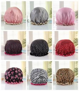 Chapeaux de douche en Satin épais à pois pour femmes, bonnets de bain colorés, couverture de cheveux, Double imperméable, bonnet de bain 2479381