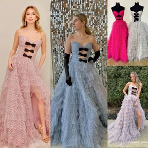 Robe de bal en tulle à pois 2k24, trous de serrure, nœuds, fente à volants, concours d'hiver, soirée formelle, soirée, gala, Golden Globe Award, robe de célébrité, bleu fuchsia, ivoire, noir