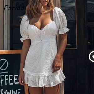 Polka Dot White Kant Dress Up Hollow Out Mini Summer Sun Beach Boho Es Casual Fashion Vestidos Mujer 210427