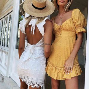 Polka Dot White Summer Dress Lace Up Hollow Out Mini Sun Jurk Geel Beach Boho Jurken Casual Mode Vestidos Mujer 210415