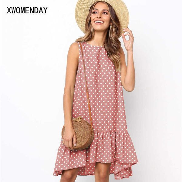 Polka Dot Femmes Robe D'été Sans Manches Casual Une Ligne Lâche Plus La Taille Robes Plage Court Mini Robe D'été Jaune Noir À Volants 210608