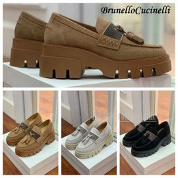 2023 Designer Women Brunello Martin Dress Shoes Short Ladies Chocolate Borde Suede lederen Leer Loafers Dikke bodem Cucinelli wit zwart platformschoen 35-41