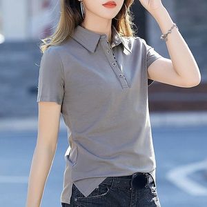 Polo cou shirts for women bouton tops pain tshirt femme à manches courtes tee-shirt coton polyester luxe avec col mignon v 240409