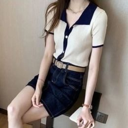 Camisas de cuello de polo para mujeres Camiseta de manga corta gris mujer Tops ropa de punto V coreano Oferta de lujo Linda 240528
