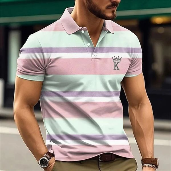 Polo pour hommes à rayures à manches courtes t-shirts roi graphiques décontracté affaires bouton top t-shirts vêtements d'été 240326