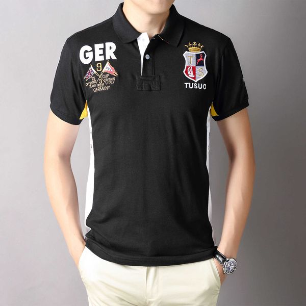 Polo de manga corta para hombre, bordado, informal, deportivo británico, panel de contraste negro, algodón, talla grande, a la moda y guapo