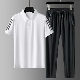 Polo shirt broek 2024 Summer Fashion Trend Ice Silk Suit Mens Casual ontspannen comfortabel ademende twaalfte stukje set 240422
