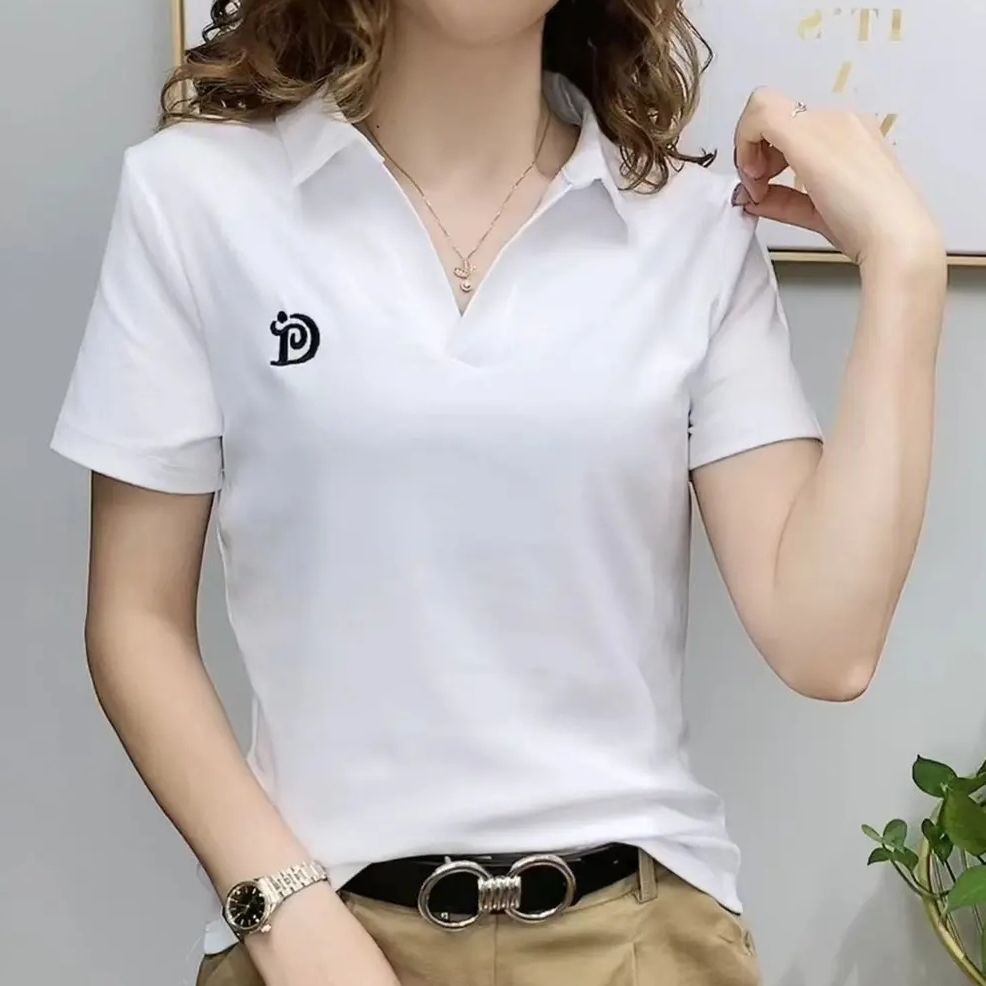Polo T Shirt for Women Short Sleeve New Summer V-neck Letter Pullover Knitted Tees Female Clothing Plus Size Ladies Tops