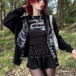 Polos e Girl Dark Academia Gothic Black Sweinshirt Skeleton Chaqueta de sudadera con capucha Y2K Estética Grunge Mall Goth Autumn Coats Outwear