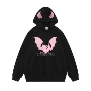 Polos High esthétique brodé de chauve-souris Bat à manches longues lâches Sweatshirt Sweatshirt Devil Horn Couple à sweat à sweat Y2K Vêtements d'hiver tenues