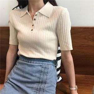 Polo's Koreaanse stijl Koreaanse 2023 dames elegante en casual polo duik hals korte mouw gebreid shirt crop tops