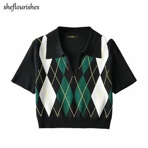 Polo's Zomershirt dames poloshirt met korte mouwen vintage gebreide shirts Koreaanse argyle shirts zwart kantoor dame bijgesneden poloshirt 2021