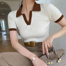 PoloS White Patchwork Polo T -shirt Chic Slim Urbane Casual Design Esthetic Beautiful Woman Blouse Summer Clothing 2022