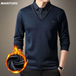 Polos d'hiver Polo Men Sweater Fake Twopiece Fleece épaissis tricot tricot de base mâle Pullorage de chemise à chemise Slim Sweater pour hommes Vêtements