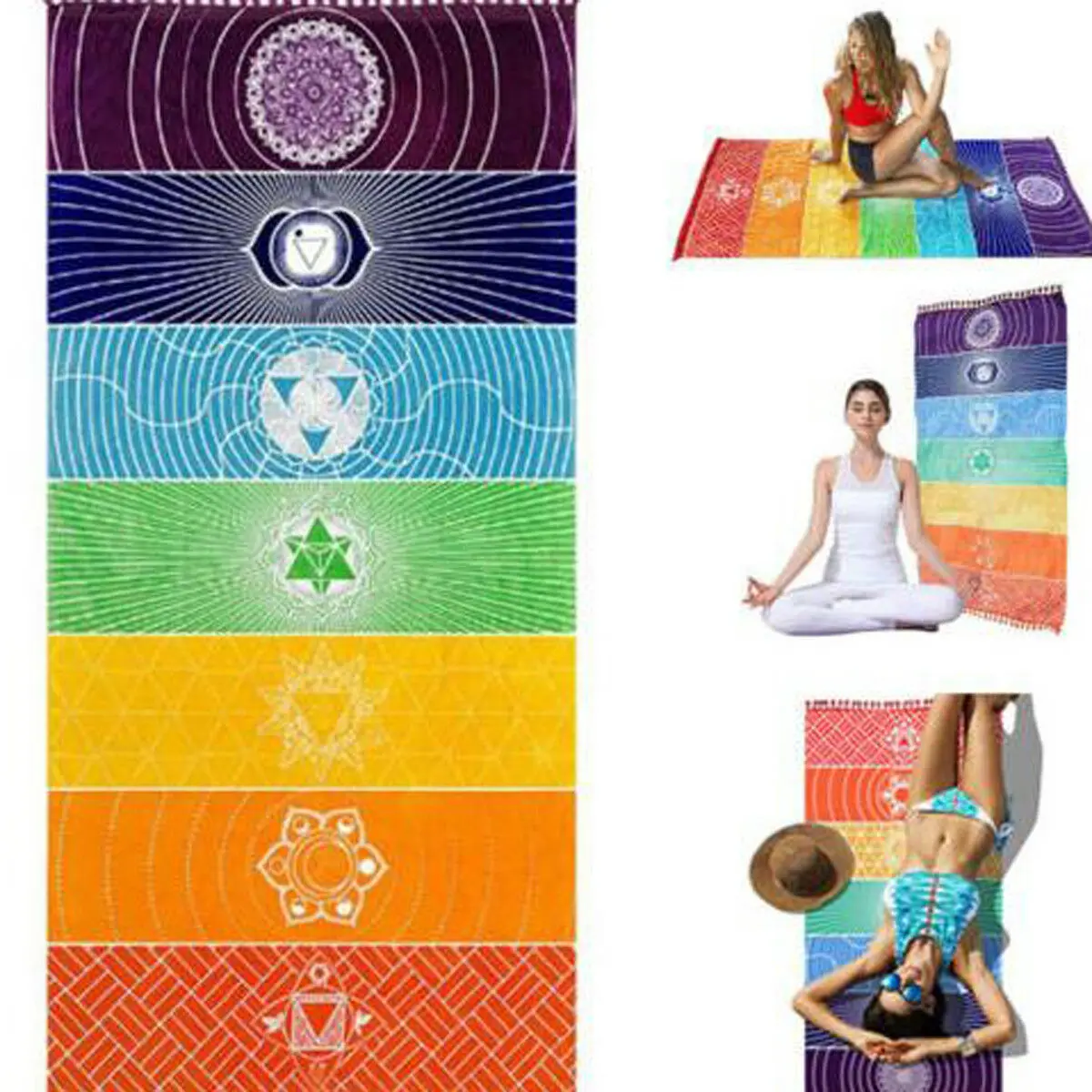 Polyester -Böhmen -Wand Hänge Indien Mandala Decke 7Chakra Colored Teppestry Regenbogen Streifen Reisen Sommerstrand Yogamatte