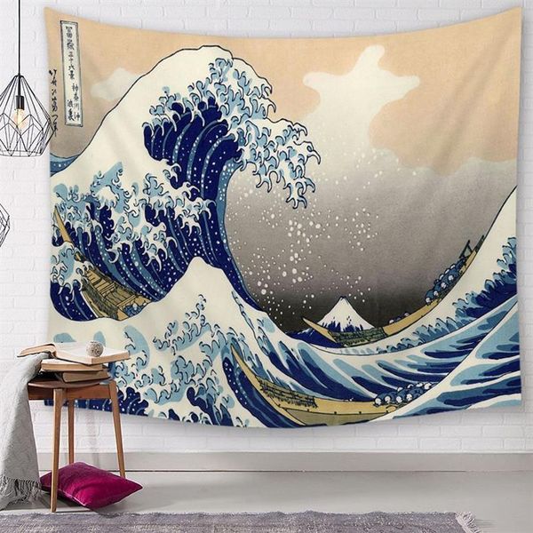 Tissu polyester décoration murale vintage style japonais tapisserie soleil et océan suspendu art vague de mer tapiz tenture mural301Z