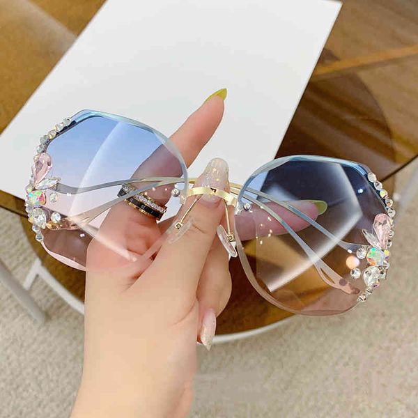 Polygone diamant lunettes sans cadre femmes lunettes surdimensionnées grande taille lunettes alliage cadre strass dégradé lunettes de soleil UV400