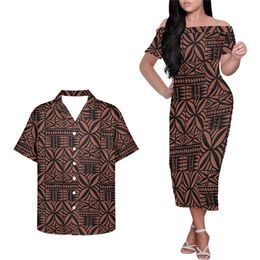 Polynésien Tatoo Printing Couple 2 pièces Suit femme Femmes à manches courtes Robe épaule Men Hommes à manches courtes T-shirt lâche