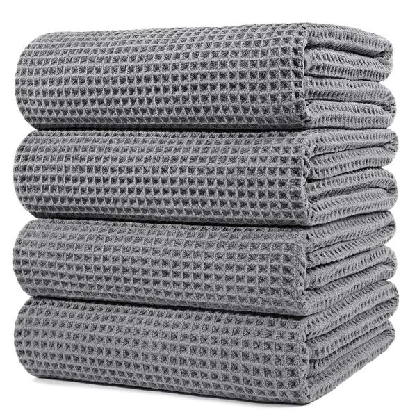 POLYTE Serviette de bain ultra-fine en fibres ultra-fines à séchage rapide sans Veet, 152,4 x 76,2 cm, lot de 4 (gris, tissage gaufré)