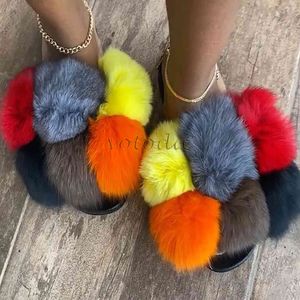 Pom bont slippers vrouwen pluizig echte vos dia's ry cute wasbeer sandalen dame platte bal flip flop regenboog schoenen