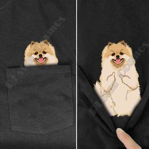 Pomeranian Pocket T-shirts Zomer Gedrukt T-shirt Mannen voor Vrouwen Tops Zwart Katoen Grappige Korte Mouw Tops Drop Shipping G1222