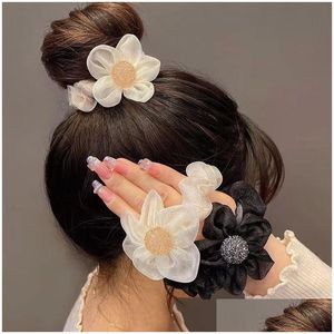 Pony Tails Holder Bk Prijs Mesh Glanzende Zon Bloem Pony Tails Holder Meisjes Haarring Touw Bal Vrouwen Strass Elastiekjes Accessoires Dhgpd