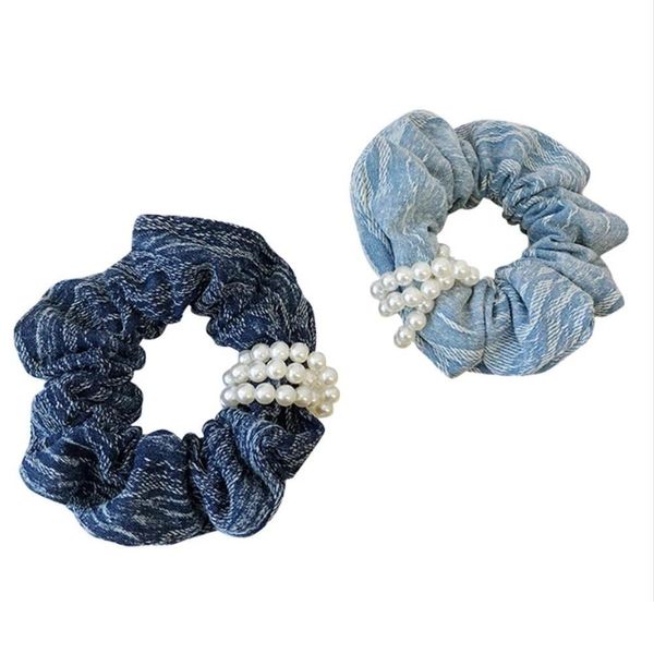 Pony Tails Holder Moda Accesorios para el cabello Mujeres Denim Pearl Intestino grueso Corbata Banda de goma Pequeña cabeza de flor fragante Cuerda Drop De Dhxfw