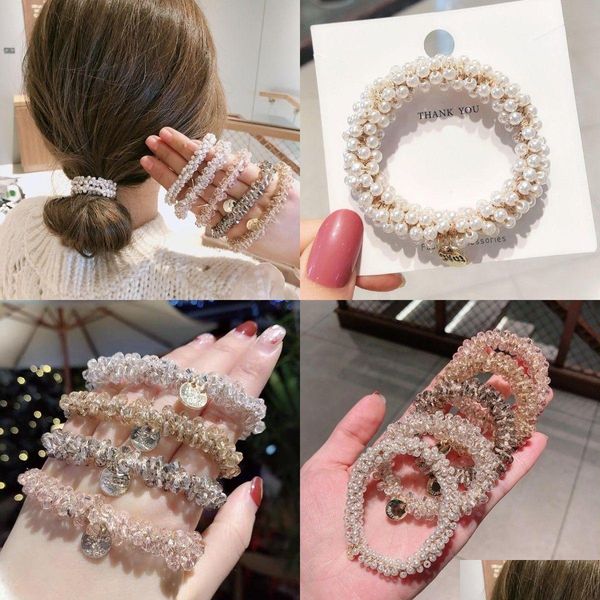 Pony Tails Holder Moda Mujeres Crystal Hair Ties Pearl Elástico Hairband Girls Scrunchies Banda de goma Accesorios Headwear Ornamento 5 Dheg0